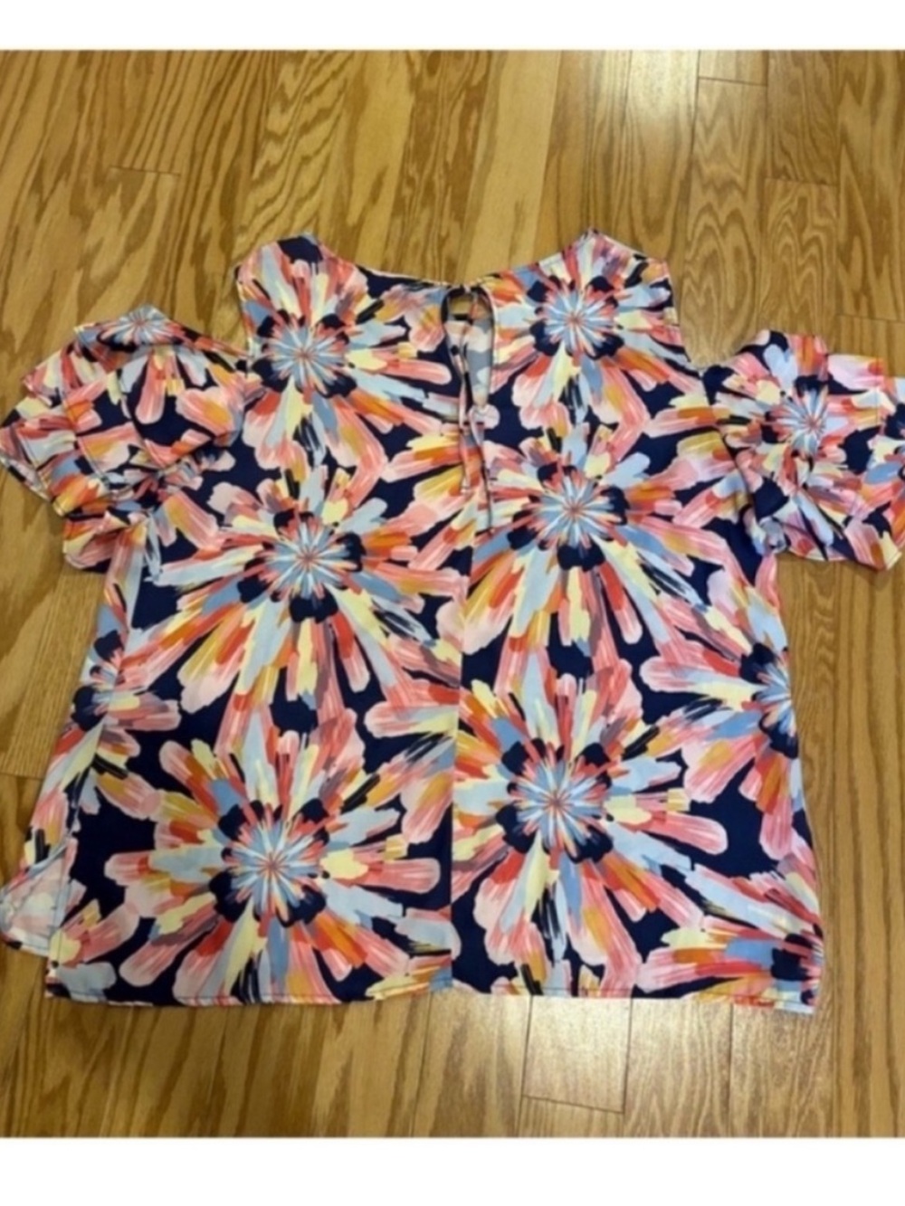 Staci Fratti Sweet Pea x NY&Co Floral Cold Shoulder Top Navy Pink Womens XL - Picture 2 of 11